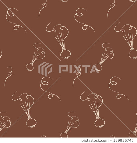 The pattern features beige outline drawings of onions or shallots with shoots, emitting aroma swirls. These elements repeat across a solid dark brown background, creating a seamless design. 139936745