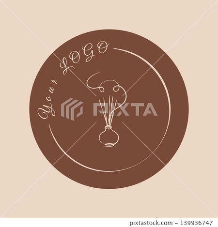 A circular aroma diffuser logo in shades of brown and beige. It features delicate line art of a diffuser with reeds and swirling aroma above. A circular aroma diffuser logo in shades of brown and beige. It features delicate line art of a diffuser with reeds and swirling aroma above. 139936747