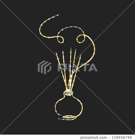 A stylized golden line art drawing displays an aroma diffuser bottle with reeds on a dark background. 139936749