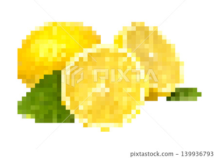Pixel art drawing of fresh lemons with leaves transparency 139936793