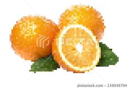 Pixel art oranges with green leaves, transparent background 139936794