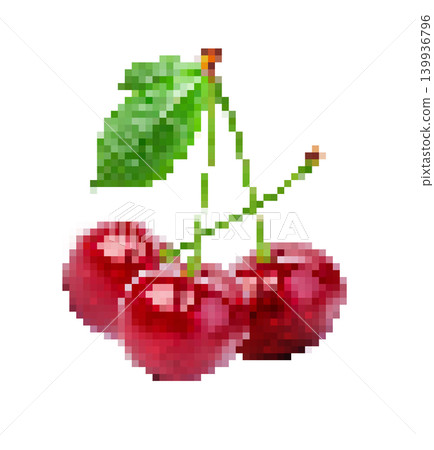 Pixel art cherries with green leaf transparent background 139936796