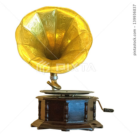 Antique gramophone with golden horn playing vintage music Antique gramophone with golden horn playing vintage music 139936837