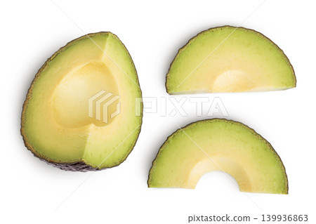 avocado pieces isolated on white background close up. Top view. Flat lay avocado pieces isolated on white background close up. Top view. Flat lay 139936863