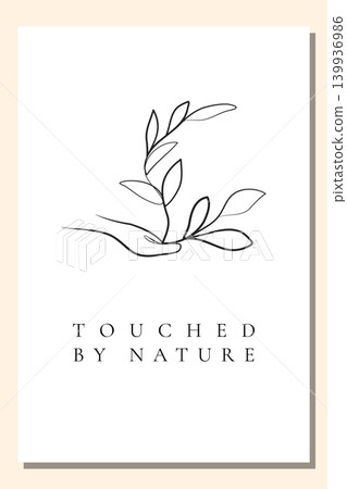 A minimalist white poster features a single line art illustration. A delicate hand gently cradles a small plant with several leaves. A minimalist white poster features a single line art illustration. A delicate hand gently cradles a small plant with several leaves. 139936986