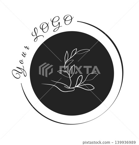 A minimalist line art graphic depicts a hand gently cradling a delicate plant sprout with multiple leaves. A minimalist line art graphic depicts a hand gently cradling a delicate plant sprout with multiple leaves. 139936989