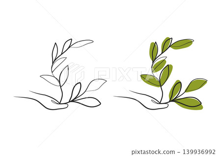 Hand gently holds a plant branch with several leaves in two distinct line art styles. One is a simple black outline. The other features filled green leaves. Hand gently holds a plant branch with several leaves in two distinct line art styles. One is a simple black outline. The other features filled green leaves. 139936992