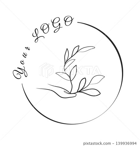 A simple black line drawing features a hand gently holding a small plant sprout with multiple leaves, enclosed within an incomplete circular outline. The design emphasizes organic growth and care. A simple black line drawing features a hand gently holding a small plant sprout with multiple leaves, enclosed within an incomplete circular outline. The design emphasizes organic growth and care. 139936994