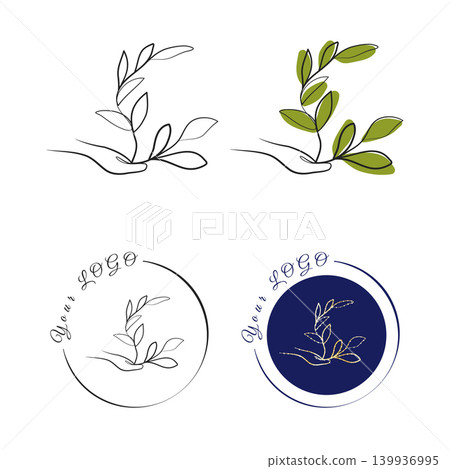 Four artistic logo designs show a continuous line hand gently holding a leafy plant branch. Four artistic logo designs show a continuous line hand gently holding a leafy plant branch. 139936995
