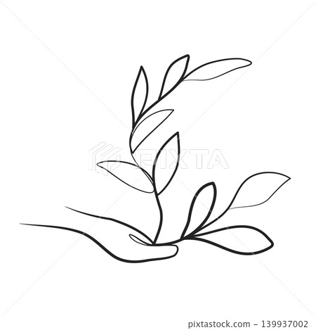 A single human hand gently supports a delicate plant shoot with several leaves. The artwork is rendered in a continuous, flowing black line on a white background, embodying growth and care. A single human hand gently supports a delicate plant shoot with several leaves. The artwork is rendered in a continuous, flowing black line on a white background, embodying growth and care. 139937002