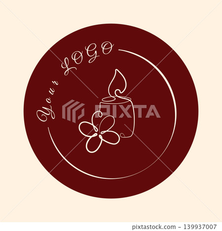 A dark red circular logo features delicate white continuous line art depicting a burning candle and a stylized flower. The text 'your logo' is written in a graceful script along the top curve. A dark red circular logo features delicate white continuous line art depicting a burning candle and a stylized flower. The text 'your logo' is written in a graceful script along the top curve. 139937007
