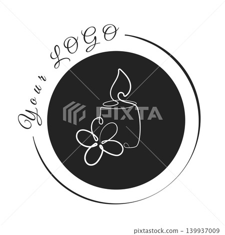 A white one line art drawing of a lit candle and a flower is centered within a black circular shape. 139937009