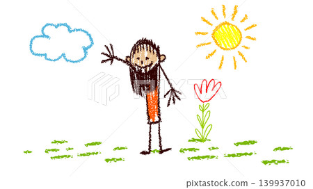 A child's drawing of a man with a beard on a lawn . Hand drawn. Not AI, vector illustration. A child's drawing of a man with a beard on a lawn . Hand drawn. Not AI, vector illustration. 139937010