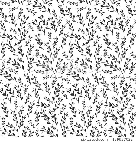 An elegant seamless pattern presents countless small black leaves on thin branches against a clean white backdrop. This delicate floral design forms a repeating botanical texture. An elegant seamless pattern presents countless small black leaves on thin branches against a clean white backdrop. This delicate floral design forms a repeating botanical texture. 139937022