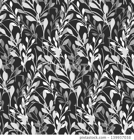 A seamless floral pattern featuring various shades of gray and white botanical leaves and branches on a dark black background. 139937038