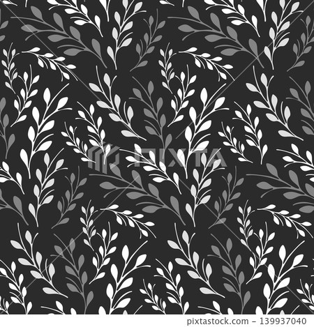 Seamless repeating pattern features delicate branches with multiple leaves in shades of white and gray. The foliage stands out against a dark black background, creating an elegant monochrome design. Seamless repeating pattern features delicate branches with multiple leaves in shades of white and gray. The foliage stands out against a dark black background, creating an elegant monochrome design. 139937040