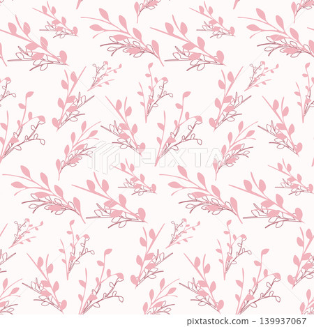 A seamless floral pattern features soft pink leaves on slender branches, repeating across a light background. Some leaves are solid pink, while others are delicate outlines. A seamless floral pattern features soft pink leaves on slender branches, repeating across a light background. Some leaves are solid pink, while others are delicate outlines. 139937067