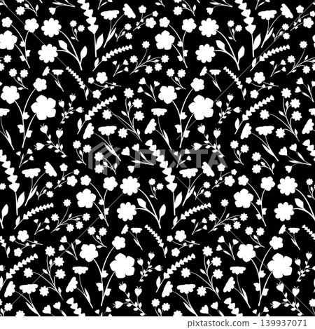 A dense arrangement of white flowers and delicate leaves creates a beautiful seamless pattern. The detailed floral elements stand out clearly against a solid black backdrop. A dense arrangement of white flowers and delicate leaves creates a beautiful seamless pattern. The detailed floral elements stand out clearly against a solid black backdrop. 139937071