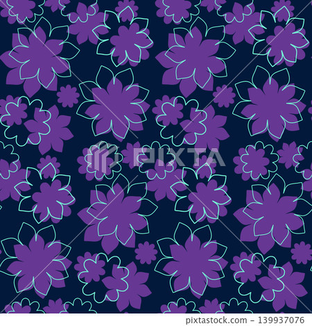 A vibrant, seamless floral pattern features dark purple and lighter violet flowers. Some blossoms are outlined in bright aqua against a deep navy blue background. A vibrant, seamless floral pattern features dark purple and lighter violet flowers. Some blossoms are outlined in bright aqua against a deep navy blue background. 139937076