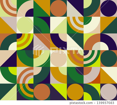 Seamless geometric pattern in Bauhaus style, abstract colorful texture with circles, arches and triangles, modernist vector background. Eps 10 139937083