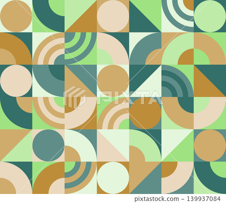 Abstract geometric seamless pattern in retro modern style, minimalist vector background with circles, triangles and arcs in green and ochre tones. Eps 10 Abstract geometric seamless pattern in retro modern style, minimalist vector background with circles, triangles and arcs in green and ochre tones. Eps 10 139937084