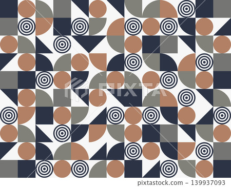 Abstract geometric seamless pattern on white background, minimalist Bauhaus style vector background with concentric circles, triangles and semicircles in brown and dark blue tones. Eps 10 Abstract geometric seamless pattern on white background, minimalist Bauhaus style vector background with concentric circles, triangles and semicircles in brown and dark blue tones. Eps 10 139937093