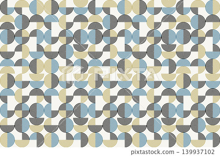 Abstract geometric seamless pattern, minimalist op art vector background with concentric circles, linear arches and arcs in gold and blue-grey tones. Eps 10 Abstract geometric seamless pattern, minimalist op art vector background with concentric circles, linear arches and arcs in gold and blue-grey tones. Eps 10 139937102