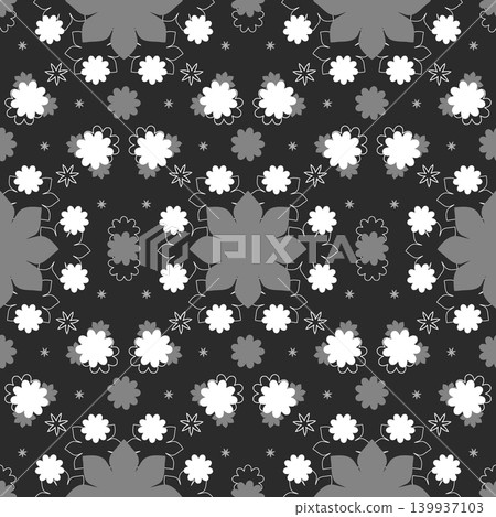 Decorative seamless pattern with stylized white, light gray, and dark gray floral and star shapes. Decorative seamless pattern with stylized white, light gray, and dark gray floral and star shapes. 139937103