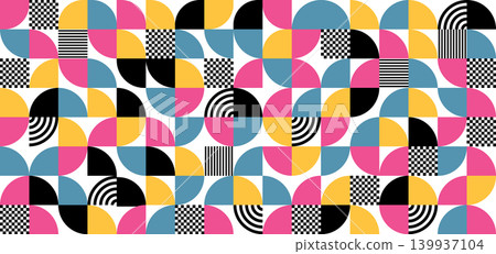 Abstract geometric seamless pattern on white background, bright pop art style vector background with circles, lines and checkered texture in pink, yellow and blue tones. Eps 10 Abstract geometric seamless pattern on white background, bright pop art style vector background with circles, lines and checkered texture in pink, yellow and blue tones. Eps 10 139937104