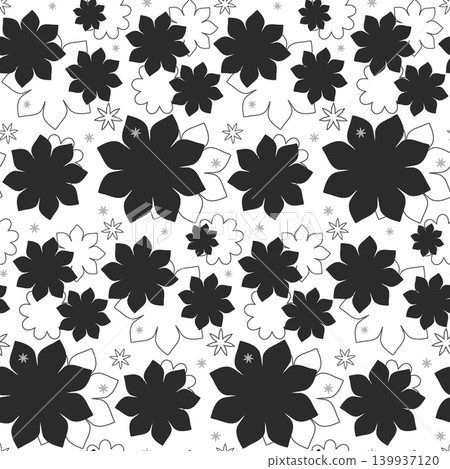 Seamless black and white floral design features solid black blossoms mixed with delicate outlined white flowers. Seamless black and white floral design features solid black blossoms mixed with delicate outlined white flowers. 139937120