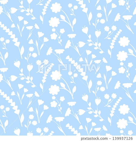 A delicate seamless floral pattern features various white flower and leaf silhouettes scattered across a soft pastel blue backdrop. A delicate seamless floral pattern features various white flower and leaf silhouettes scattered across a soft pastel blue backdrop. 139937126