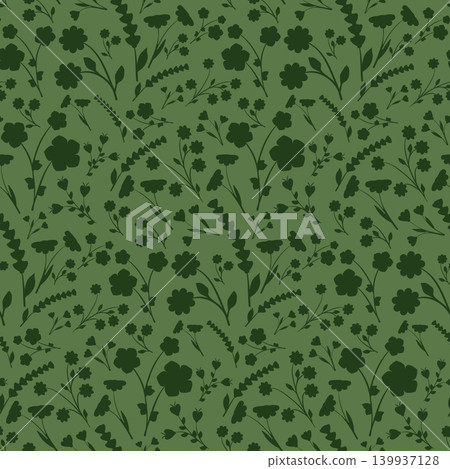 A seamless repeating design showcases dark green flower and plant silhouettes against a lighter green backdrop. Various botanical elements create a calm, natural appearance. A seamless repeating design showcases dark green flower and plant silhouettes against a lighter green backdrop. Various botanical elements create a calm, natural appearance. 139937128