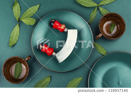 Bay leaf herbal tea preparation concept Bay leaf herbal tea preparation concept 139937140