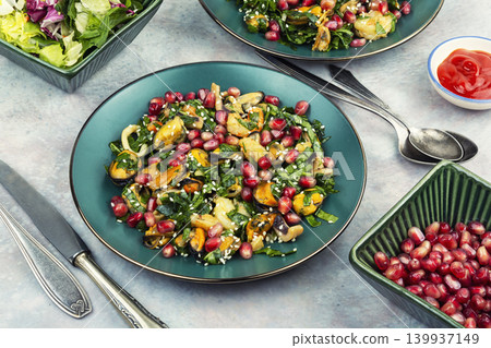 Seafood salad with shrimp, mussels, squid and pomegranate Seafood salad with shrimp, mussels, squid and pomegranate 139937149