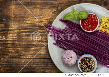 Vegan Purple Pasta Made from Sweet Potato Ingredients Vegan Purple Pasta Made from Sweet Potato Ingredients 139937159