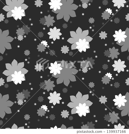 An abstract pattern presents grey and white flowers of varying sizes and shapes, some overlapping, against a dark background. 139937166
