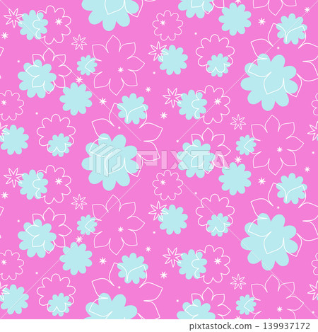 A bright pink background features a seamless floral pattern. Light blue flowers, some filled and some outlined in white, are scattered throughout. Small white star shapes add to the playful design. A bright pink background features a seamless floral pattern. Light blue flowers, some filled and some outlined in white, are scattered throughout. Small white star shapes add to the playful design. 139937172