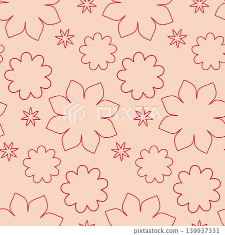 A seamless floral pattern featuring simple red line drawings of various flower shapes and small stars. A seamless floral pattern featuring simple red line drawings of various flower shapes and small stars. 139937331