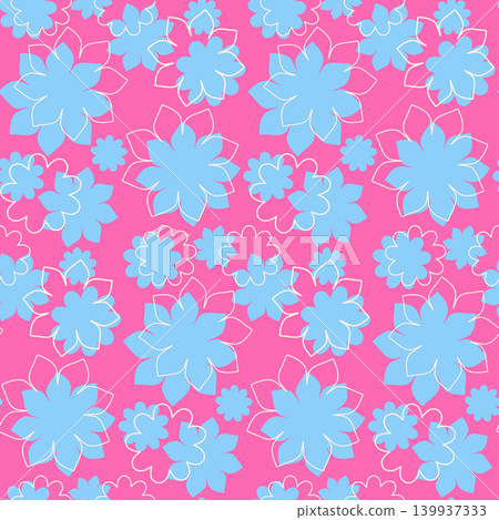 A vibrant seamless pattern features light blue flowers and outlines scattered across a bright pink background. Different flower sizes overlap in this cheerful design. A vibrant seamless pattern features light blue flowers and outlines scattered across a bright pink background. Different flower sizes overlap in this cheerful design. 139937333