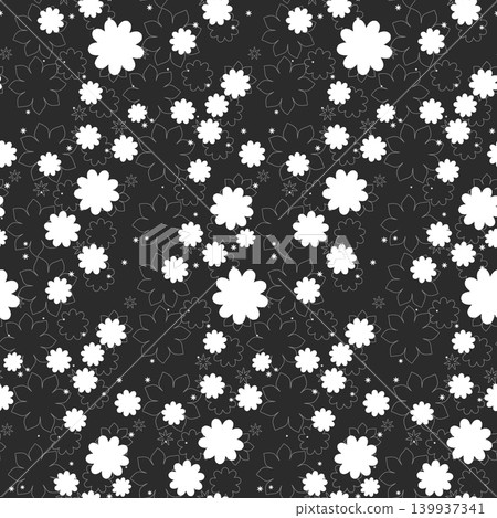 A decorative repeating design shows white solid and outlined flowers of various sizes on a dark background. A decorative repeating design shows white solid and outlined flowers of various sizes on a dark background. 139937341