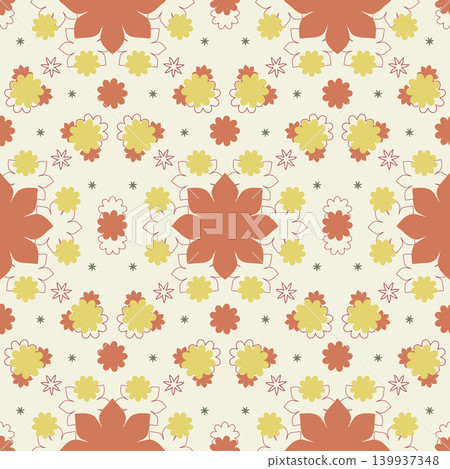 This seamless floral pattern showcases a symmetrical design. It features repeating terracotta and yellow flower shapes on a light cream background, creating a decorative and vintage look. 139937348