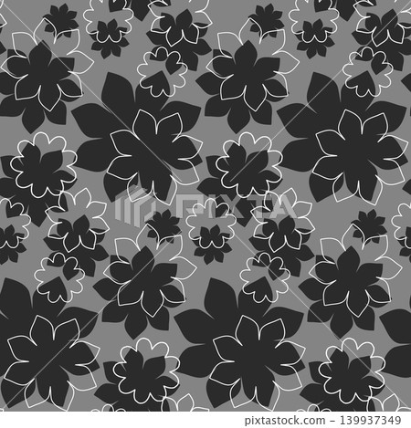 Repeating monochromatic floral design showing various stylized gray and black flowers, some solid, some outlined in white. Creates an elegant and modern decorative backdrop. 139937349