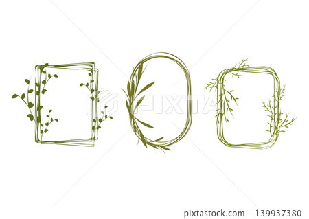 Three distinct green frames feature botanical elements on a clean white background. Three distinct green frames feature botanical elements on a clean white background. 139937380