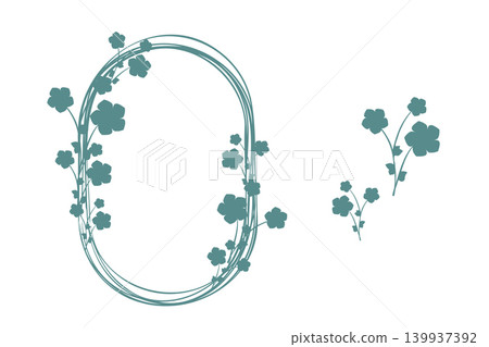 Stylized teal floral vines with small flowers elegantly wrap an oval frame and appear separately. Stylized teal floral vines with small flowers elegantly wrap an oval frame and appear separately. 139937392