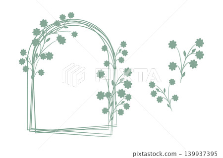 A decorative green floral arch frame with multiple thin lines stands on a white background, adorned with small, simple flowers and graceful stems. A decorative green floral arch frame with multiple thin lines stands on a white background, adorned with small, simple flowers and graceful stems. 139937395