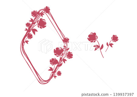 A decorative design features a reddish-pink floral frame in a rounded rhombus shape, adorned with multiple blooming flowers and leaves. 139937397