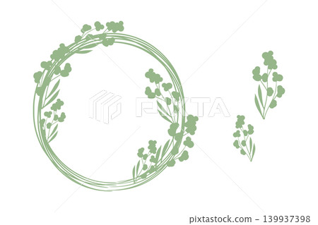 A light sage green circular frame is decorated with small leaves and tiny round flower clusters. Two matching individual floral sprigs appear alongside it. A light sage green circular frame is decorated with small leaves and tiny round flower clusters. Two matching individual floral sprigs appear alongside it. 139937398