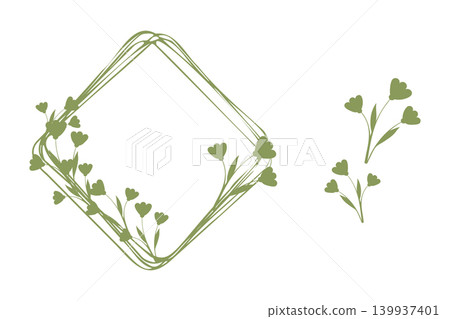 A green diamond shaped frame displays small heart shaped flowers and stems. The minimalist design includes a few floral elements growing around the frame. A green diamond shaped frame displays small heart shaped flowers and stems. The minimalist design includes a few floral elements growing around the frame. 139937401