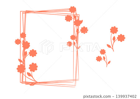 A decorative rectangular frame, made from thin overlapping lines, displays bright coral flowers and stems. Several individual coral flowers with stems are placed to the right. 139937402