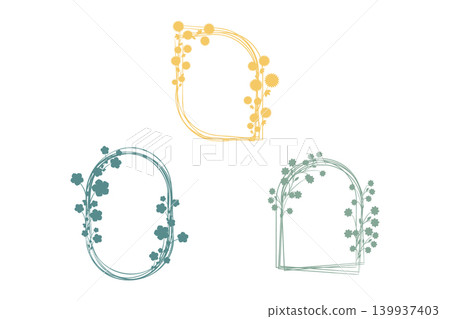 Three unique hand drawn floral frames, one yellow and two teal, adorn a simple white background. The yellow frame showcases spiky sun-like flowers. Three unique hand drawn floral frames, one yellow and two teal, adorn a simple white background. The yellow frame showcases spiky sun-like flowers. 139937403